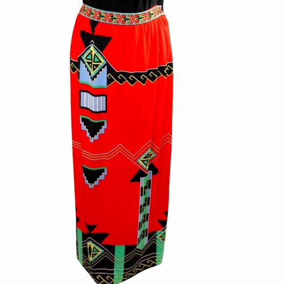 Paganne Gene Berk Signed Red Tribal Art Deco Vintage Maxi Skirt, Size 12 - Picture 2 of 9